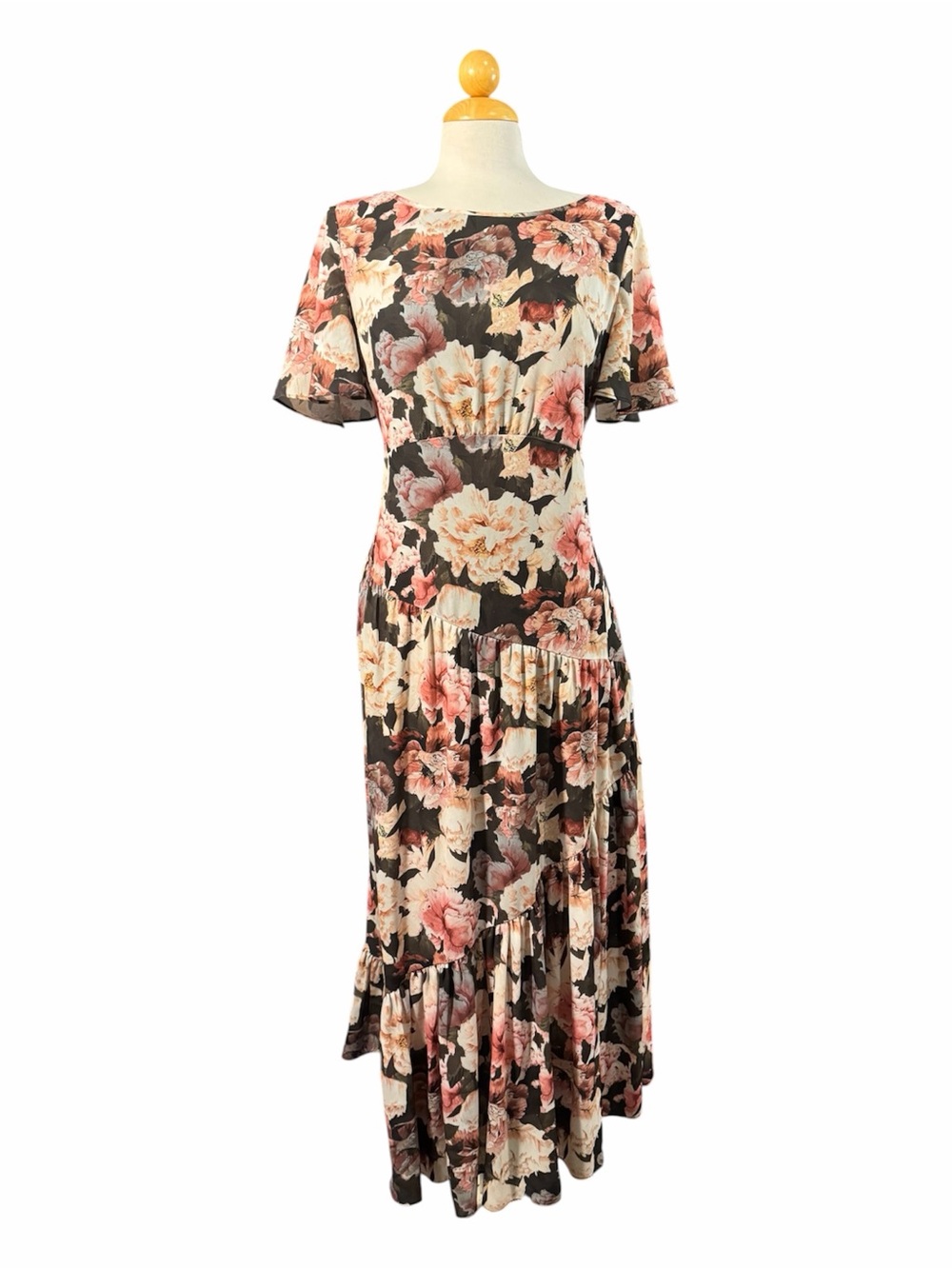 Chico’s Black Label Floral Tiered Maxi Dress Flutter Sleeve Moody Romantic
